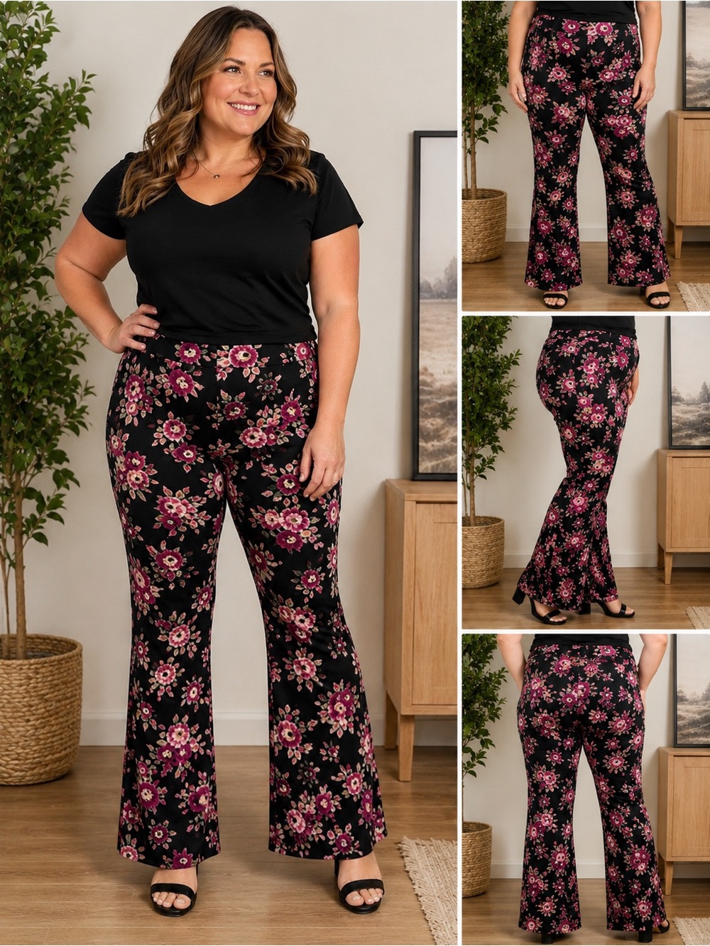 Torrid Black Pink Floral Pull-On Flare Leggings Size 2